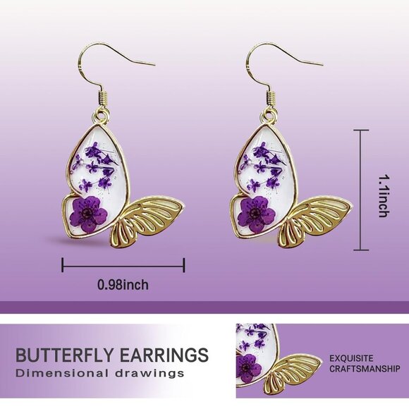 Women's Resin Dry Flowers Pressed Drop Dangle Butterfly Purple Gold Earrings - Picture 2 of 5